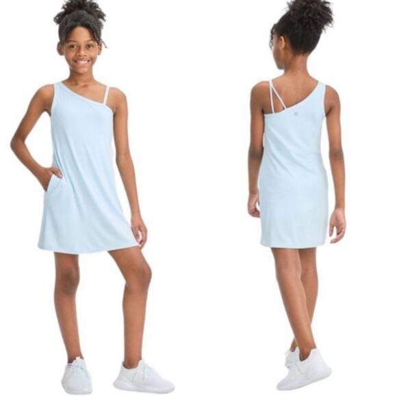 All In Motion Girls Asymmetrical Strap Active Dress Light Blue Built in Shorts - Picture 3 of 9